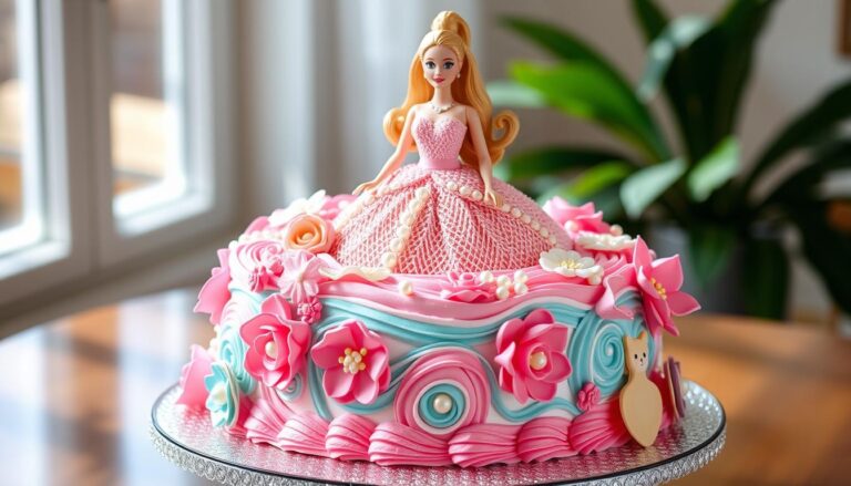 Beautifully decorated Barbie cake with a colorful gown made of frosting and edible decorations