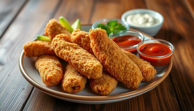 Crispy chicken tenders on a plate with dipping sauce.