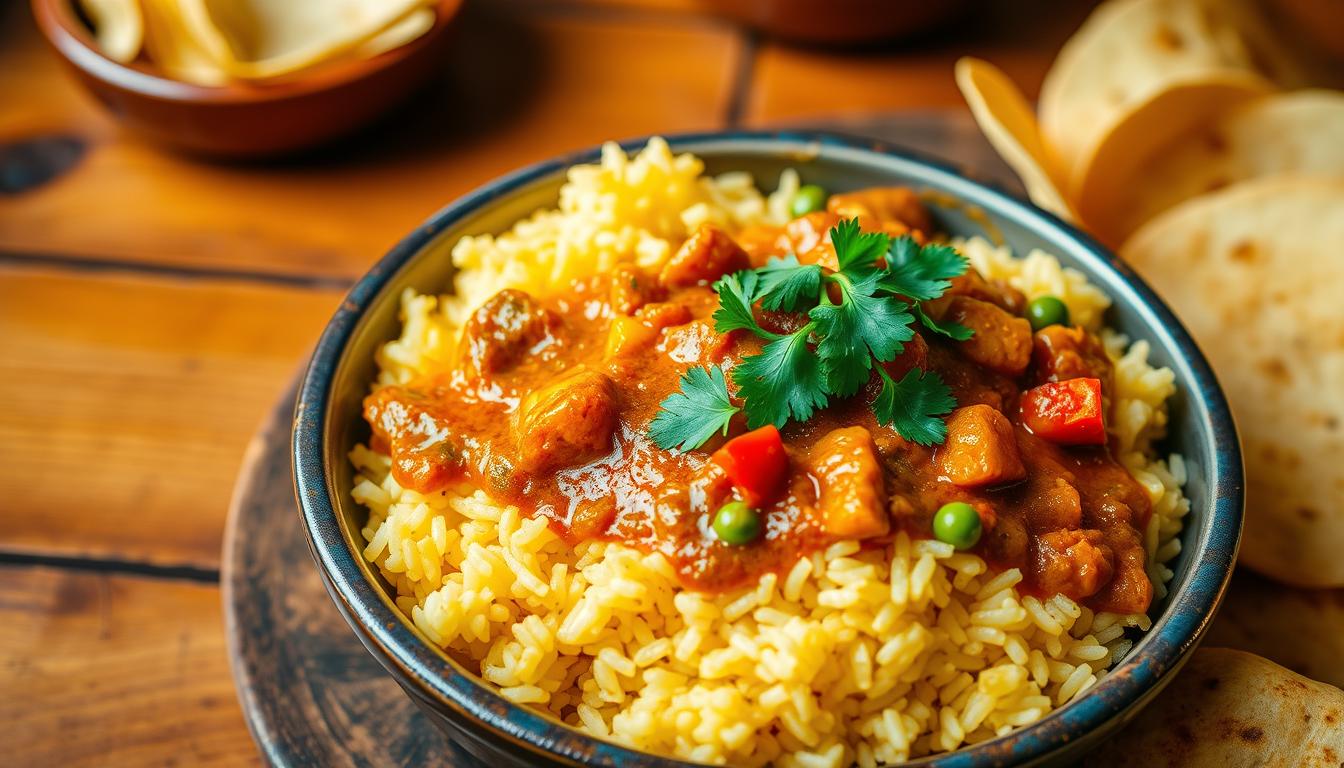 A bowl of fragrant curry rice topped with fresh herbs and vegetables