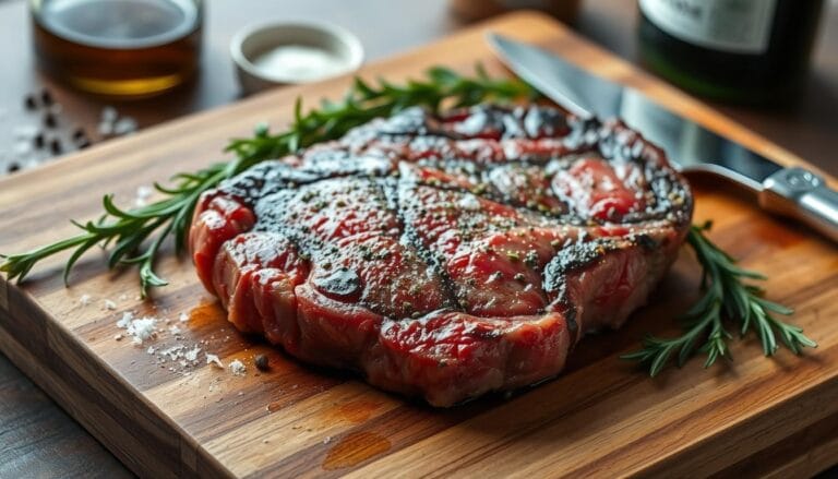 A perfectly cooked Delmonico steak, seared to perfection with a juicy, tender texture and a flavorful crust.