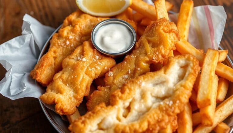 A plate of crispy fish and golden fries served with tartar sauce and lemon wedges