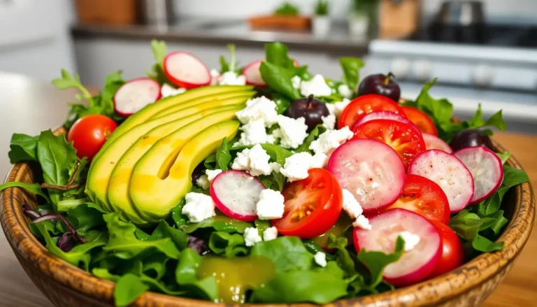 greens, avocado, eggs, and cherry tomatoes on a white plate.