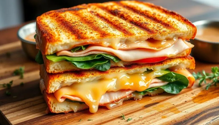 Grilled panini sandwich with melted cheese, turkey, and fresh tomatoes on a wooden board.