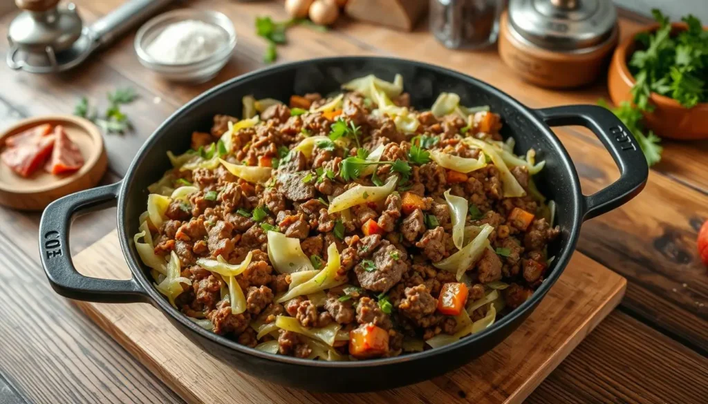 A bowl of ground beef and cabbage stir-fry garnished with fresh parsley, with a fork resting on the side, ready to eat.