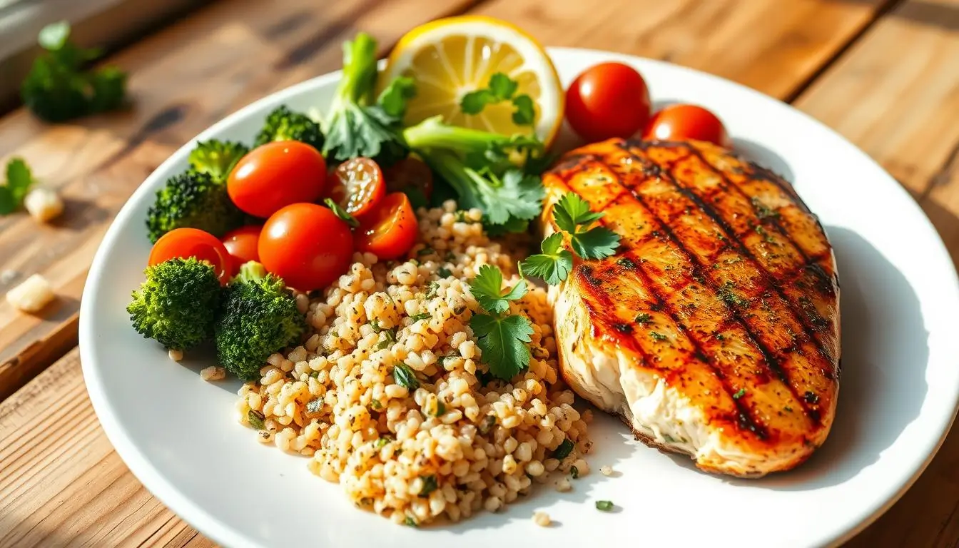 Healthy dinner for weight loss with grilled chicken, steamed vegetables, and quinoa on a plate.