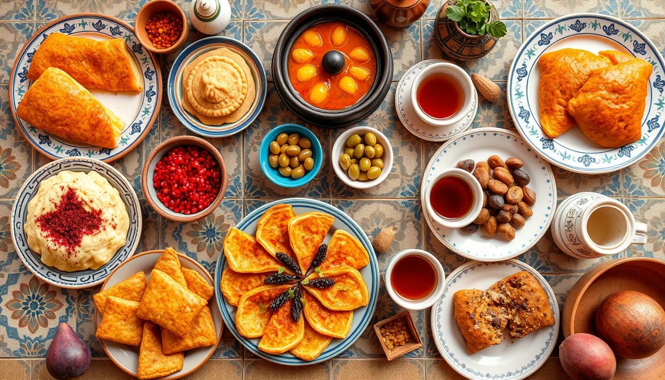 A traditional Moroccan breakfast table with msemen, mint tea, olives, and honey