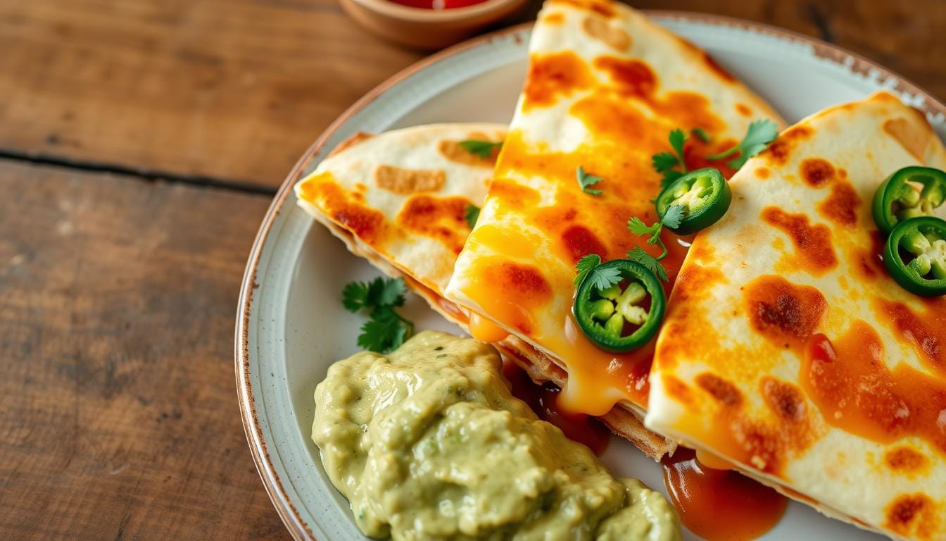 Cheesy quesadillas recipes served with sour cream, salsa, and guacamole