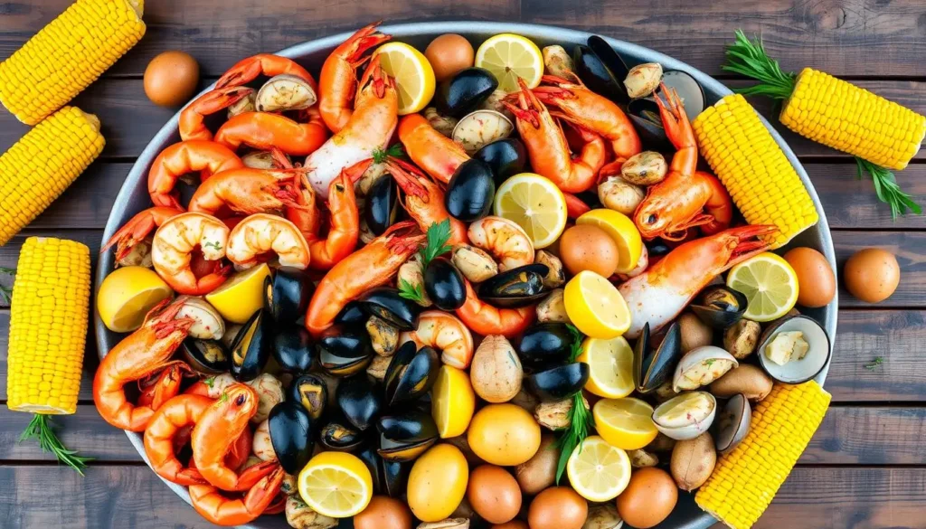 A vibrant seafood boil with shrimp, crab legs, corn, potatoes, and sausage on a rustic table.