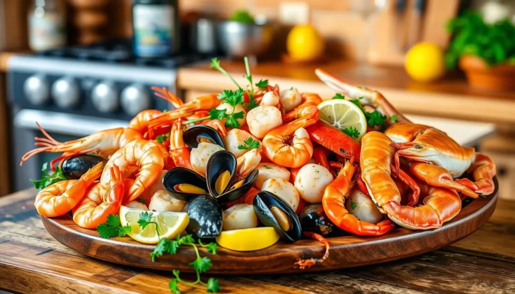 A vibrant seafood mixture featuring shrimp, mussels, and calamari served with fresh herbs and lemon slices.