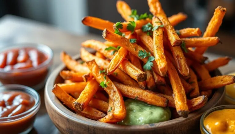 Golden and crispy sweet potato fries served with a dipping sauce.