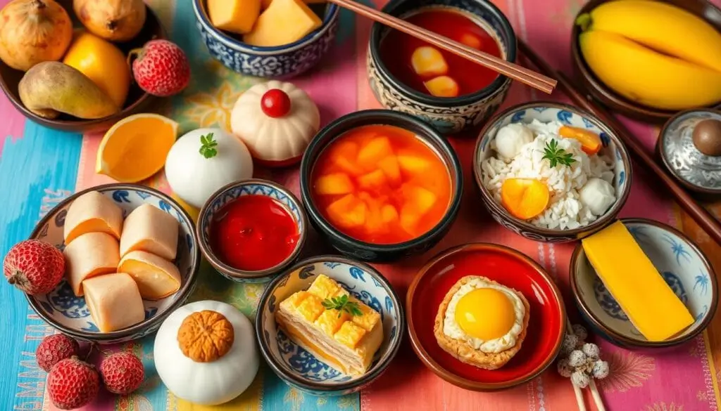 An assortment of Asian desserts, including mochi, mango sticky rice, and sesame balls on a decorative platter.