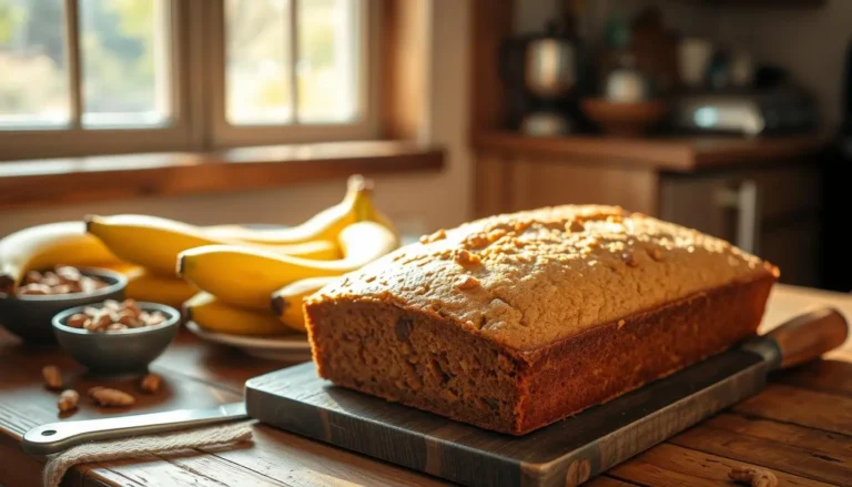 Moist and golden banana bread slices served on a wooden board with a cup of coffee.