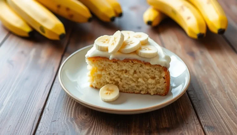 A slice of moist banana cake topped with cream cheese frosting and banana slices