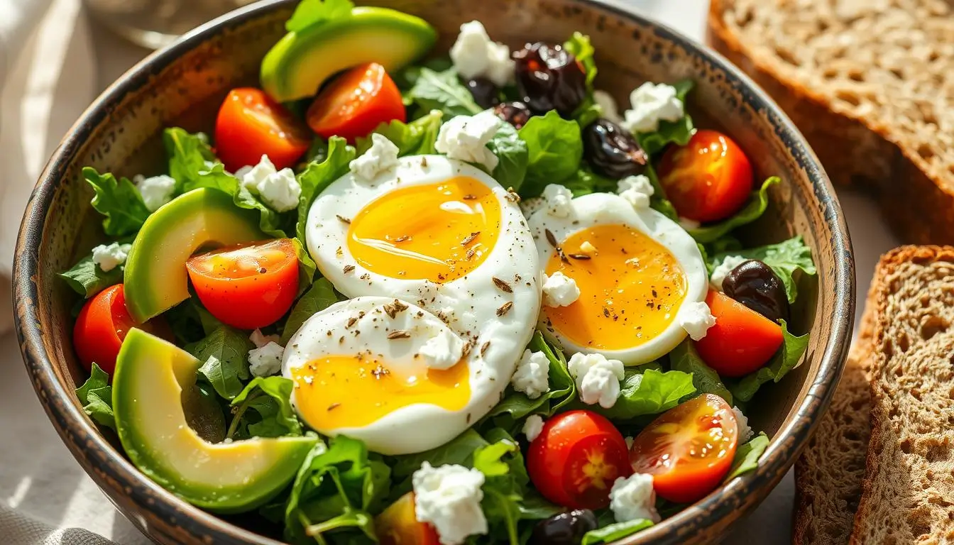 A colorful and vibrant breakfast salad with mixed greens, avocado, eggs, and fresh vegetables.