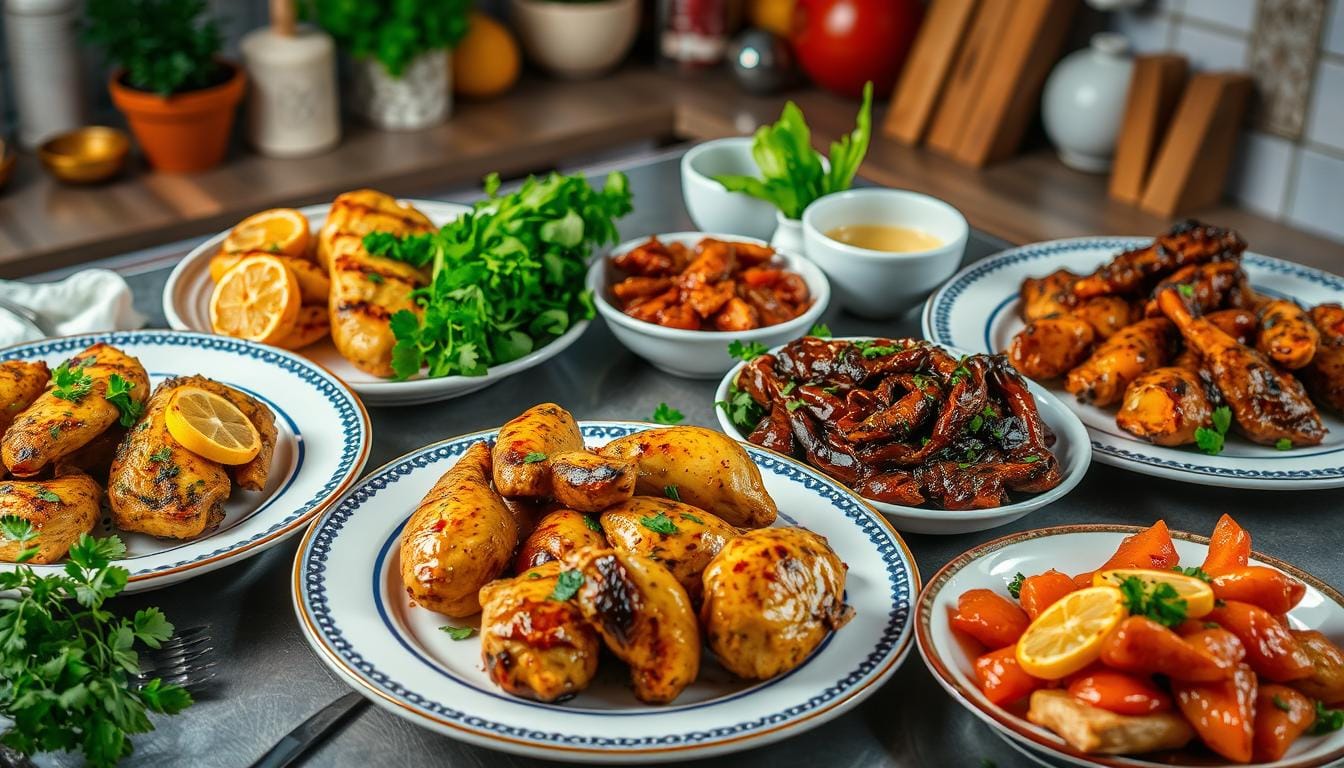 A plate of flavorful chicken dinner with roasted vegetables and herbs.