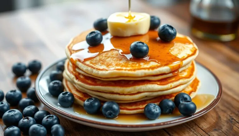 Fluffy pancakes topped with syrup, fresh berries, and whipped cream.