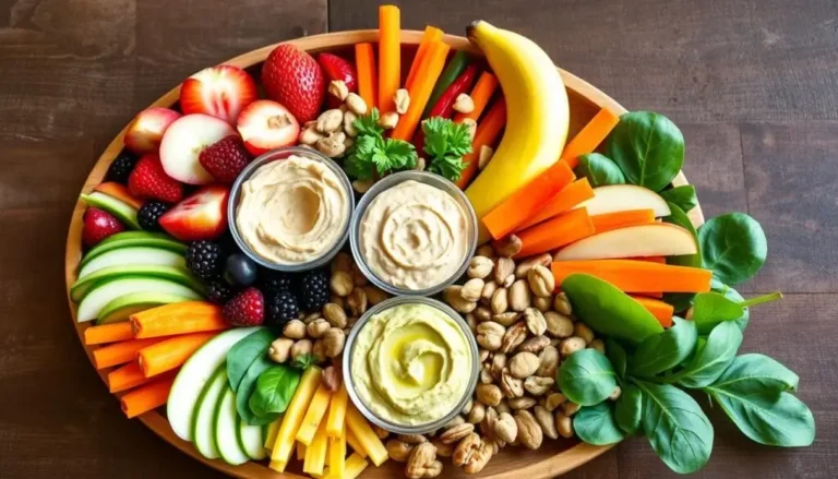 A colorful assortment of healthy snacks, including fresh fruits, nuts, yogurt, and vegetable sticks with hummus