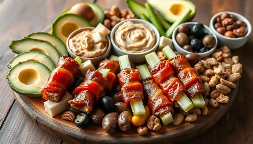 A selection of keto snacks, including avocado slices, cheese crisps, boiled eggs, and nuts on a wooden board.