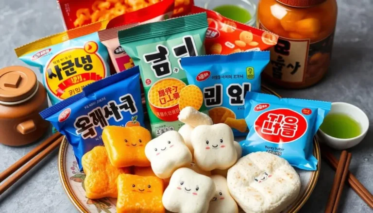 A selection of popular Korean snacks recipes including rice cakes, chips, and sweet treats arranged on a table."