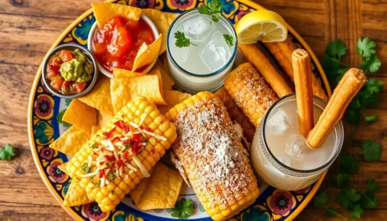 A plate of Mexican snacks featuring elote, nachos with guacamole, and spicy tamales