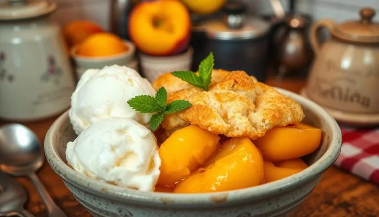 A golden-brown peach cobbler with cake mix, topped with a scoop of vanilla ice cream