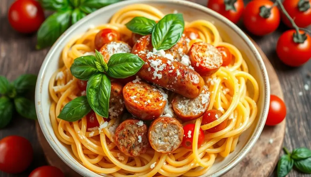 Sausage and pasta in a creamy tomato sauce with fresh basil