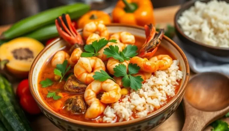 A steaming bowl of seafood gumbo with shrimp, crab, sausage, and okra served over rice.