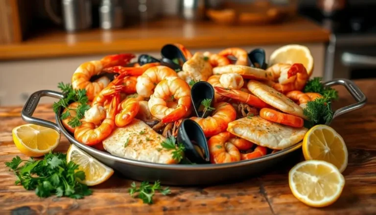 A one-pan seafood mix featuring shrimp, squid, mussels, and herbs in a flavorful sauce.