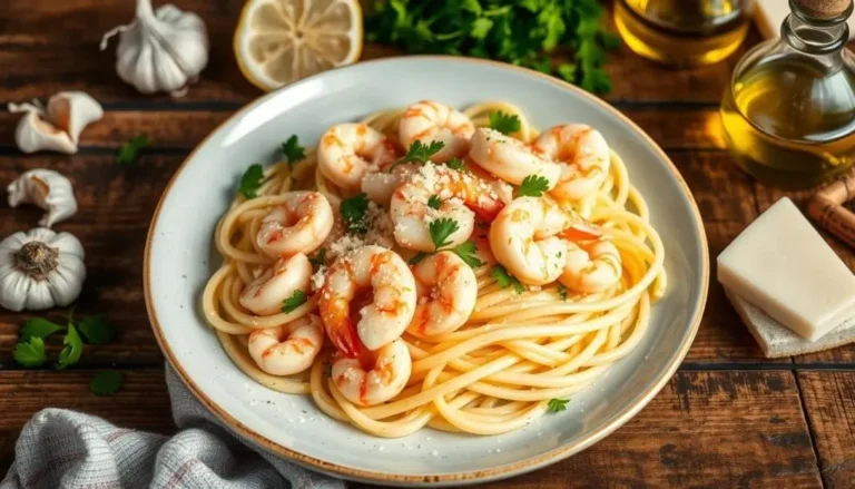 Seafood pasta with shrimp, scallops, and a creamy garlic sauce