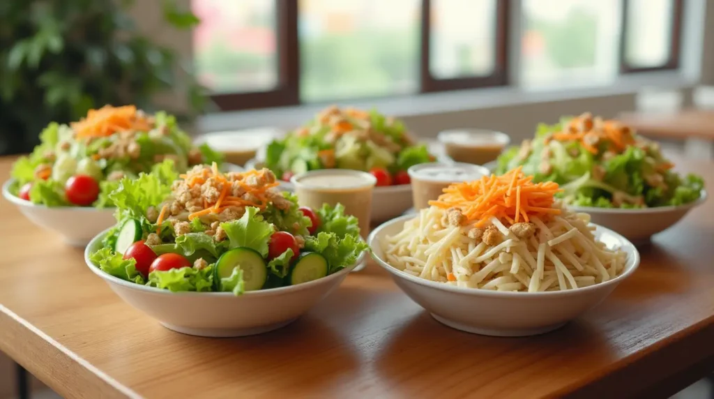 A fresh Burger King salad with crispy lettuce, grilled chicken, cherry tomatoes, and shredded cheese, served with dressing.