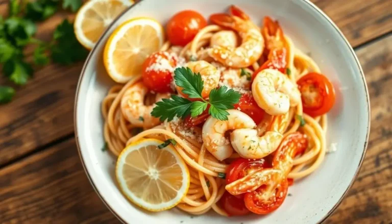 A plate of seafood pasta with shrimp, mussels, and a creamy garlic sauce, garnished with fresh parsley and Parmesan cheese.