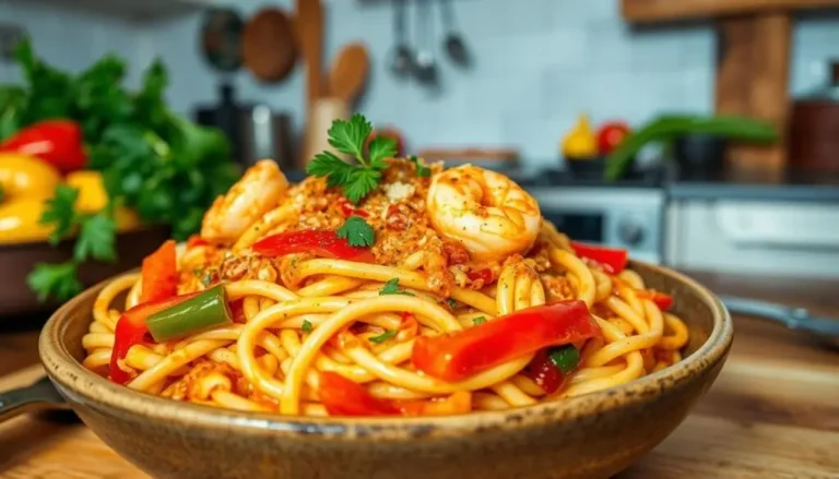 Spicy Cajun pasta with shrimp, creamy sauce, and bell peppers