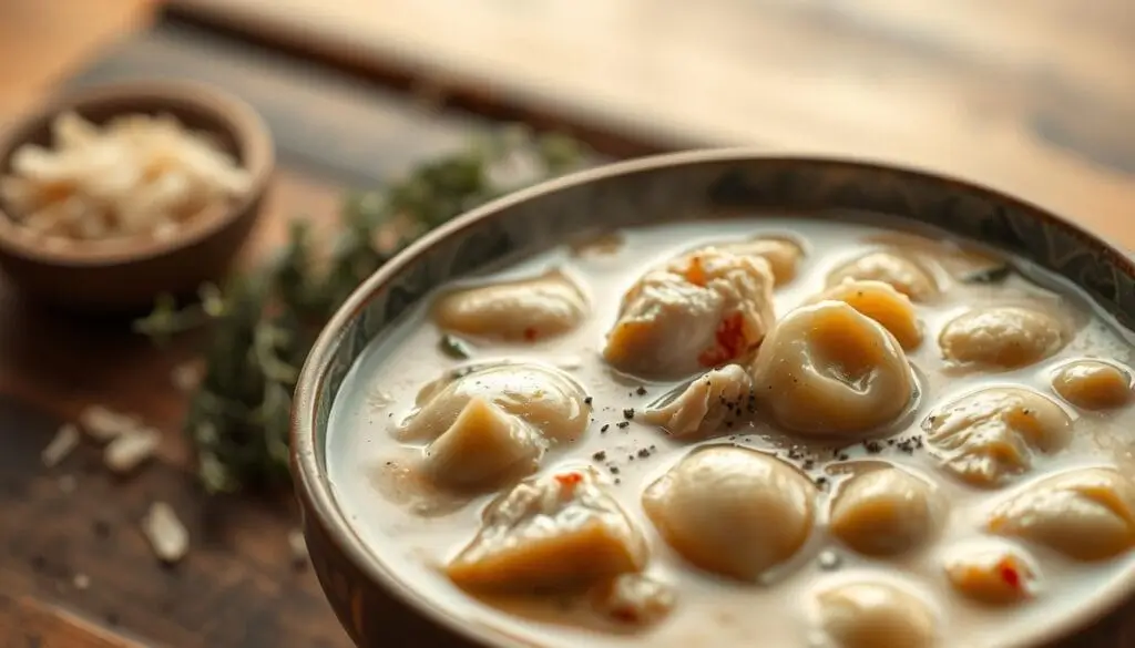 A steaming bowl of creamy chicken gnocchi soup recipe with tender chicken, soft gnocchi, and fresh spinach, garnished with herbs.