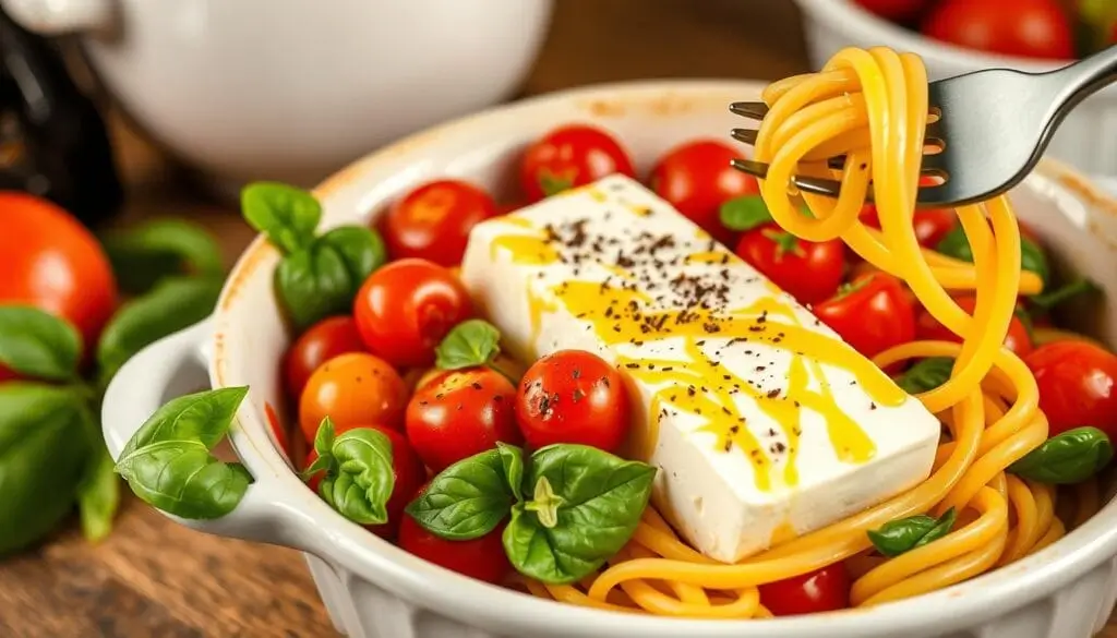 Baked feta pasta with cherry tomatoes and creamy sauce