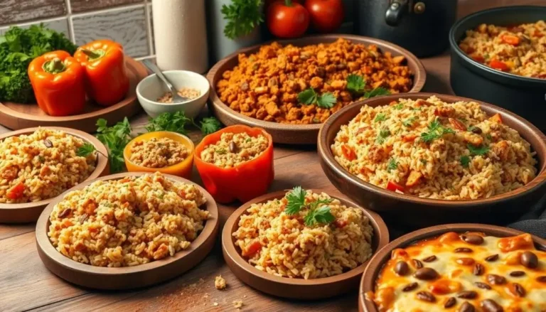 A bowl of seasoned ground turkey and rice, garnished with fresh herbs and vegetables.