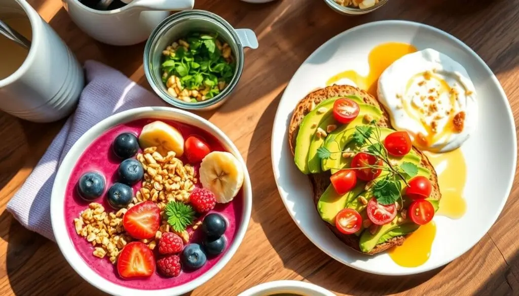 A well-balanced breakfast plate with oatmeal, eggs, and avocado toast, totaling 750 calories.