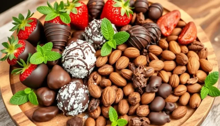 A bowl of assorted healthy chocolate snacks, including dark chocolate-covered almonds and energy balls.