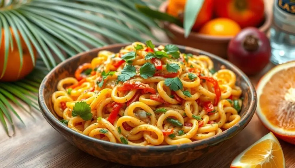 Creamy Rasta Pasta with jerk-seasoned chicken and bell peppers