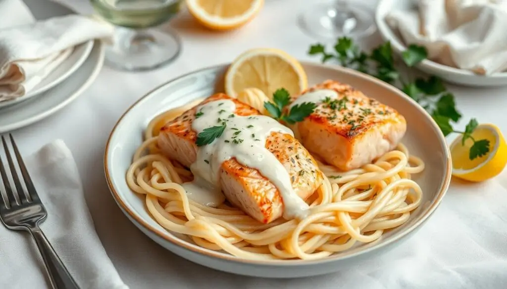 Creamy garlic salmon pasta recipe with fresh herbs and Parmesan