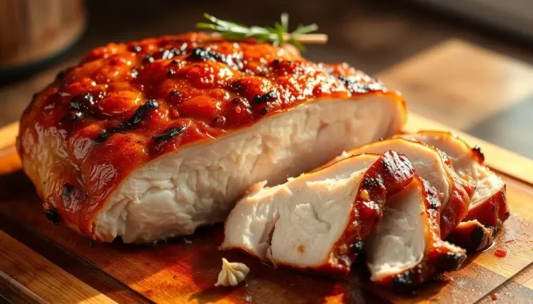 Perfectly smoked turkey breast sliced on a wooden cutting board, with a crispy golden-brown crust.