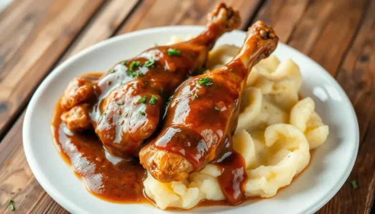 A plate of smothered turkey wings covered in a rich, flavorful gravy, served with mashed potatoes and steamed vegetables on a rustic wooden table.