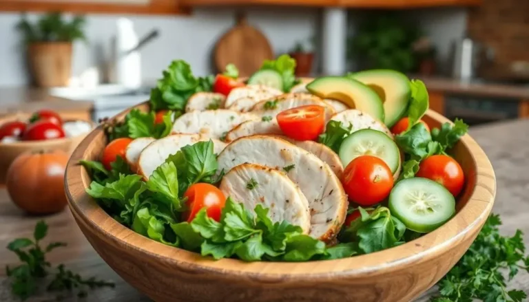 A fresh turkey salad recipe with mixed greens, cherry tomatoes, cucumbers, and a light vinaigrette, served in a bowl.