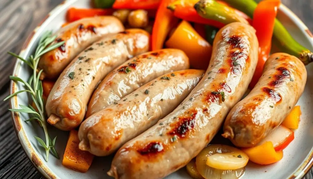 Golden-brown turkey sausage patties on a plate, garnished with fresh herbs.