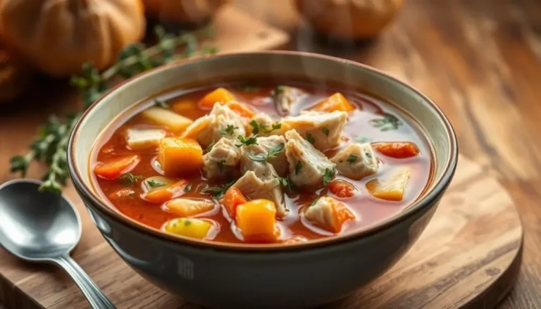 A steaming bowl of turkey soup recipe with shredded turkey, vegetables, and herbs in a rich broth, served with crusty bread.